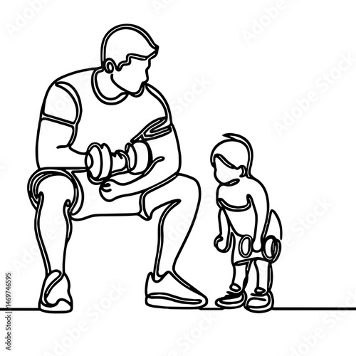 Dad and son doing dumbbell exercises, vector, black line drawing, minimalistic, single line, simple line, isolated, transparent background 