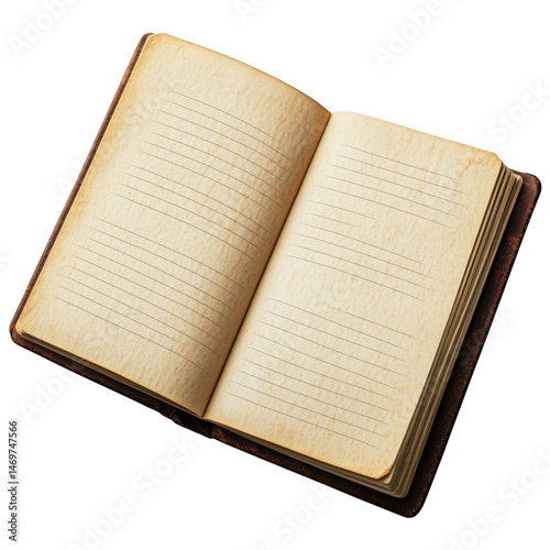 Open vintage notebook with lined pages isolated on transparent background