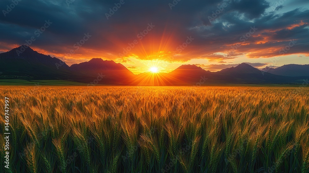 Golden sunset over a vast wheat field and mountains. Golden sunset over a vast wheat field and mountains.