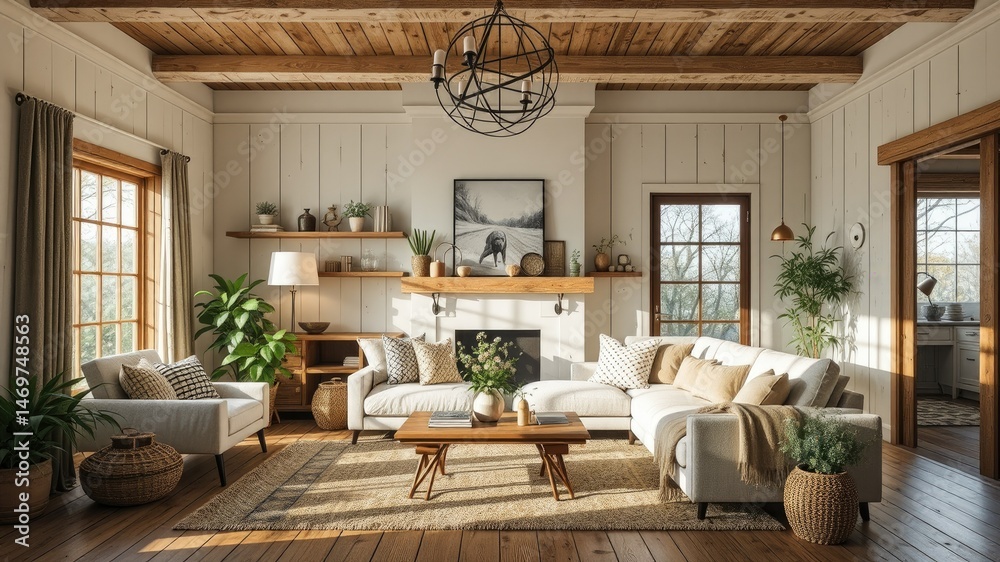 Fototapeta premium Farmhouse Living Room Design with Wooden Accents and Soft Lighting