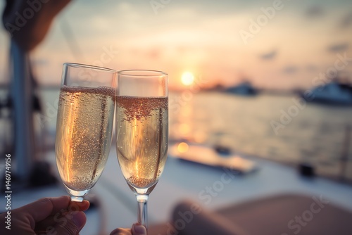 Cheers with champagne at sunset on a boat.