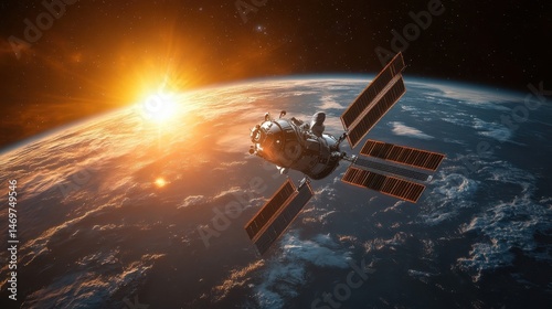 Wallpaper Mural Stunning Satellite Orbiting Earth with Solar Panels and Vibrant Sunrise in Background from Space Perspective Torontodigital.ca