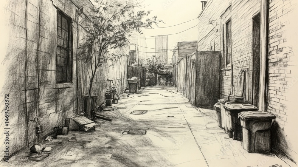 Fototapeta premium Serene Urban Alleyway with Plants and Trash Bins, Evoking a Quiet and Abandoned Atmosphere
