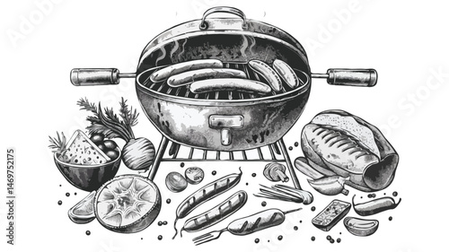 Monochrome Bbq Grill With Sausages Vegetables And Bread Sketch Illustration