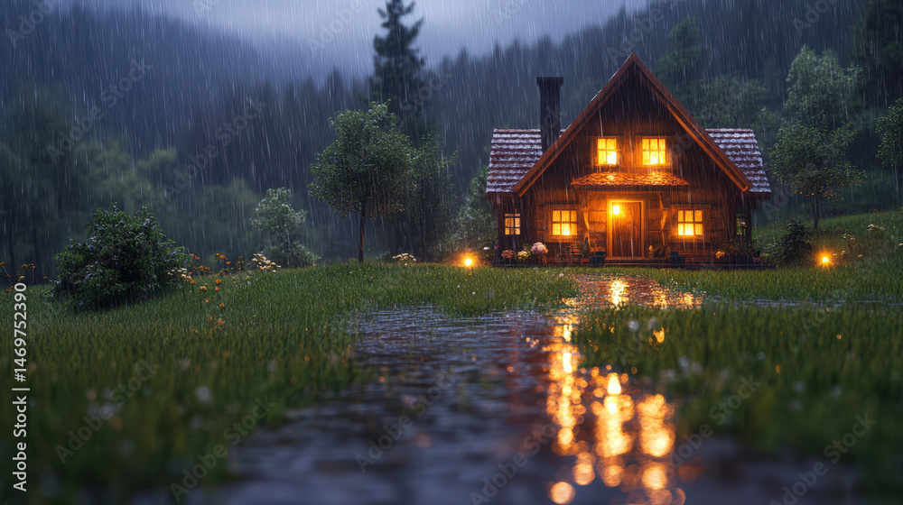 Fototapeta premium A house with a porch lit up by lights is shown in a rainy scene