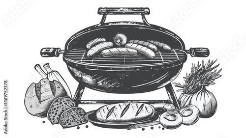 Monochrome Sketch Illustration Of Barbecue Grill With Sausages And Fresh Ingredients