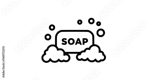 Black and white image of soap with bubbles, black and white icon.