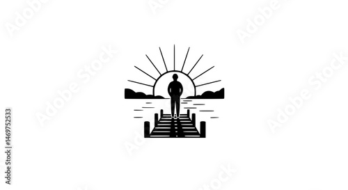 Person on pier, black and white icon.