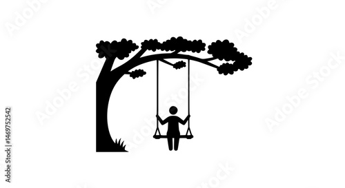 Person swings on a tree swing, black and white icon.