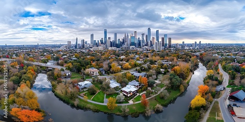 Stunning autumn urban skyline panoramic view over city river houston aerial photography