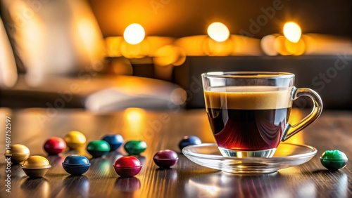 Wallpaper Mural Aromatic Espresso in a Glass Cup on a Dark Table with Colorful Capsules Torontodigital.ca