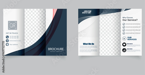 Dark Blue Trifold Brochure with Wave Lines Corporate Digital Business Template. Perfect for corporate, finance, consulting, or digital service companies.
