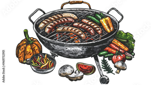 Summer Bbq With Sausages And Vegetables Fresh Picnic Party Grilling Illustration
