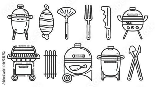 Set Of Barbecue Grills And Tools Doodle Style Line Art