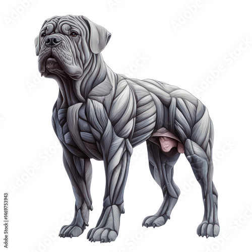 Dog Anatomy Illustration: A detailed and intricate artistic rendering of a powerful dog, showcasing the muscular structure in a grayscale palette.