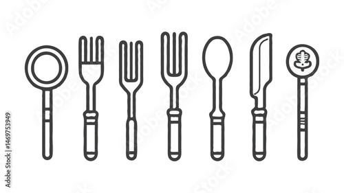 Cutlery Icon Set With Forks Spoons And Knife In Line Art Style