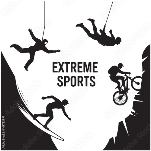 Black Silhouettes of Extreme Sports Icons Skydiving, Bungee Jumping, Rock Climbing, Surfing, Mountain Biking