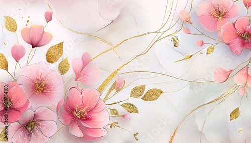 Elegant Pink Floral Artwork Gold Leaves, Branches, and Blossoms