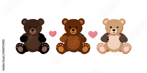 Teddy Bear Icon Brown Teddy Bear Toy Set  Teddy Bears Icon Love Vector Illustration.Three teddy bears of different shades of brown, sitting in a row, representing diversity and love.
