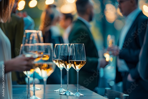 Elegant reception with corporate people mingling in blurred background scene