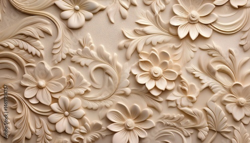 Elegant Beige Floral Carving, Intricate 3D Wall Art Design