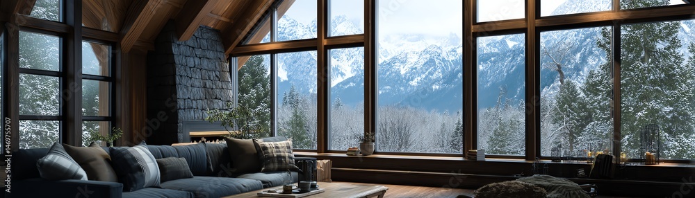 Obraz premium Cozy cabin interior with mountain view.
