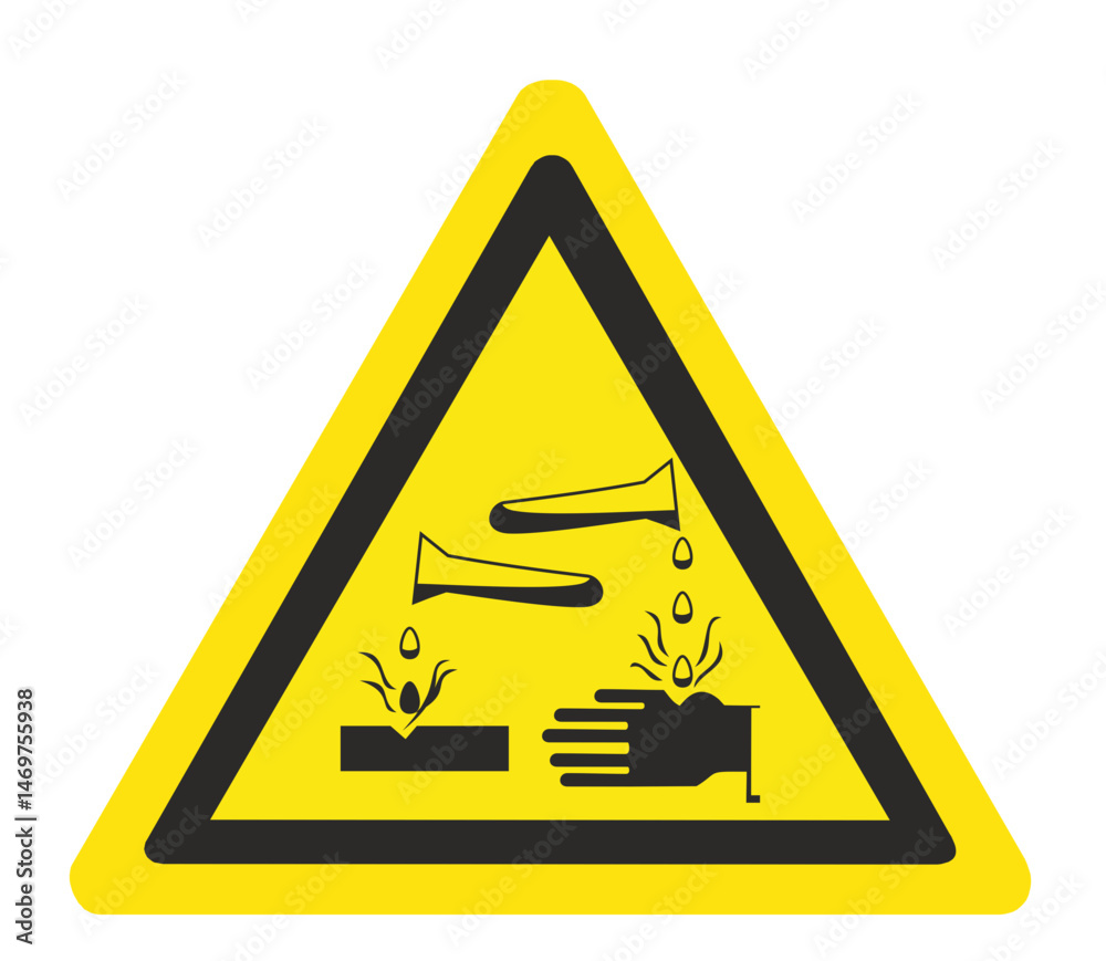 warning sign with corrosive substance symbol showing liquid damaging a hand and material warning sign with corrosive substance symbol showing liquid damaging a hand and material