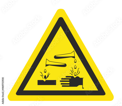 warning sign with corrosive substance symbol showing liquid damaging a hand and material