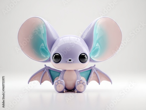 Cartoon bat figurine with pastel ears and translucent wings, cute expression on light-colored background.