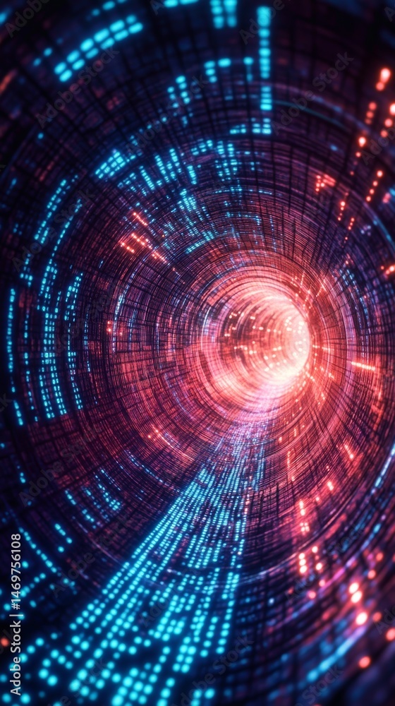 Obraz premium Abstract digital passageway with swirling pink, blue, and red glowing lights. Data flow visualization, futuristic technology concept. Dark background, vibrant colors.