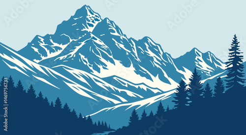 Winter mountain landscape with trees. Snowy mountain peaks. A stunning illustration of a mountain range