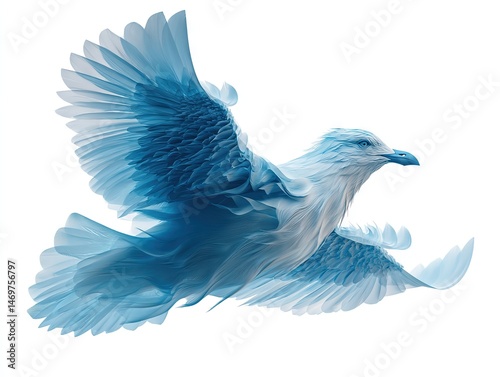 Majestic blue-toned eagle in gradient feather hues mid-flight, sharp wingspan against pristine white backdrop.
