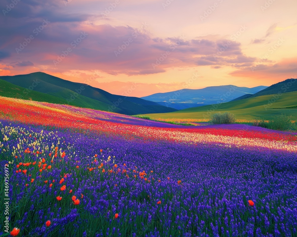 Obraz premium Vibrant wildflowers in a rolling landscape at sunset. Colors range from deep purples to bright reds and oranges against a dramatic sky.