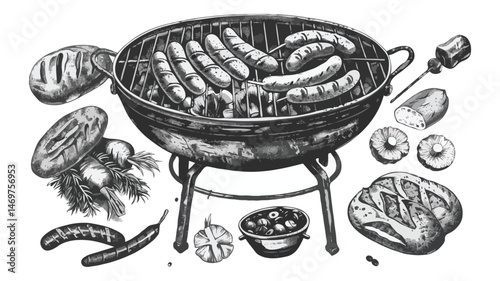 Monochrome Charcoal Sketch Of Barbecue Grill With Sausages And Side Dishes