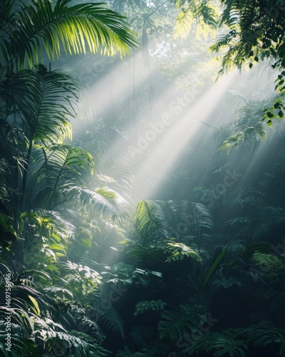 Sunbeams penetrate a lush green tropical forest filled with mist. Dense vegetation and dappled light create a captivating atmosphere.