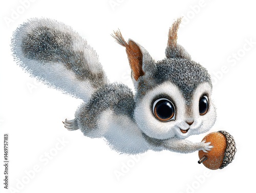 Chubby-cheeked squirrel-like creature clutching acorn mid-flight, gray-white fur with bushy tail against white void.