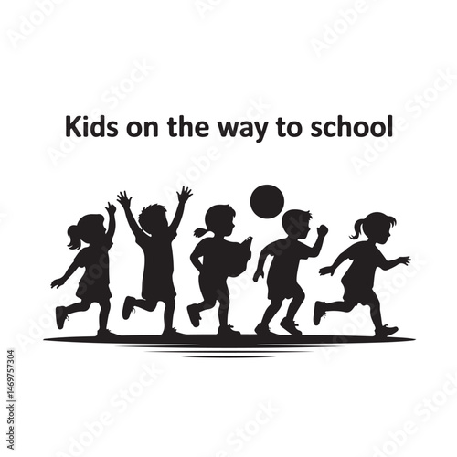 Black Silhouettes of Children Walking to School, Raising Hands, Reading, and Playing at Recess