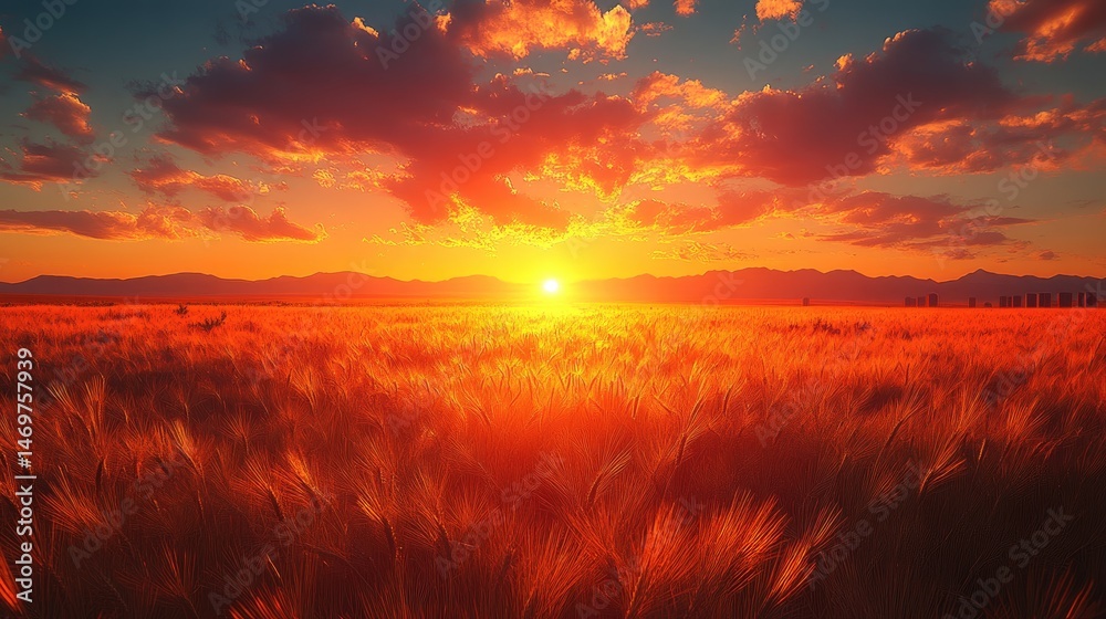 Fototapeta premium Dramatic sunset over a golden wheat field.