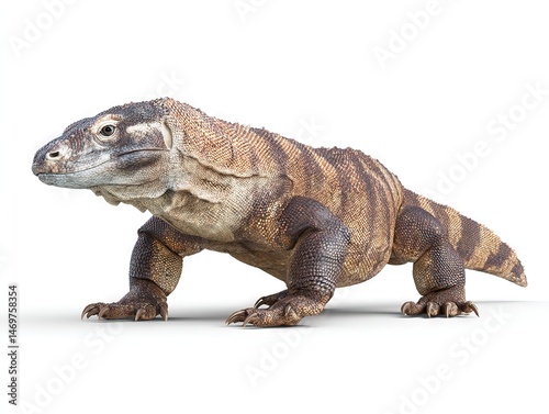 Majestic Komodo dragon with textured brown scales and sharp claws, alert stance against minimalist white backdrop.