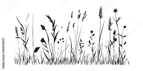 Silhouette Of Wild Grass And Flowers Solid Icon. Nature, Botanical, And Environmental Elements Silhouette Symbol. Perfect For Outdoor And Garden Design Themes. Isolated Vector Illustration