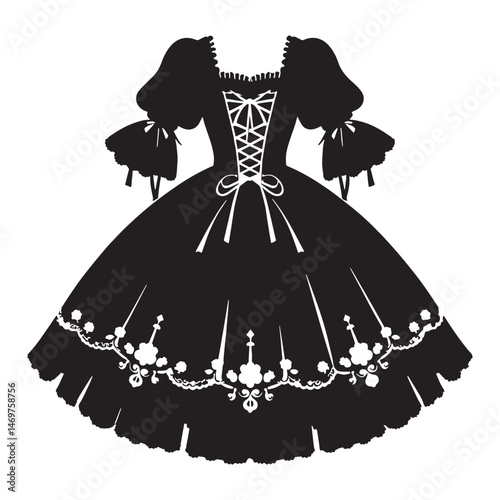 Romantic Gothic Lolita dress silhouette with soft frills – Gothic Lolita dress vector – Gothic Lolita dress illustration – ladies dress silhouette – silhouette of Gothic Lolita dress

