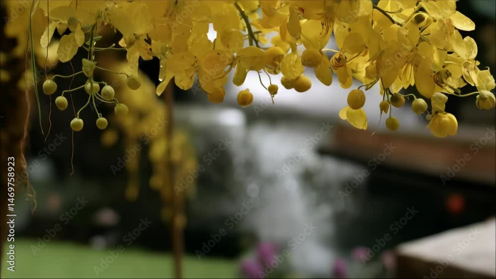 Golden Shower Tree: Cascading blooms with delicate petals and hanging pods, displaying a vibrant yellow color in natural outdoor setting.
