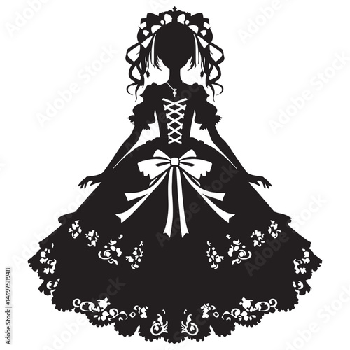 Luxurious Gothic Lolita dress silhouette with ribbon embellishments – Gothic Lolita dress vector – Gothic Lolita dress illustration – ladies dress silhouette – silhouette of Gothic Lolita dress

