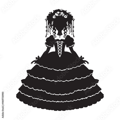 Dramatic Gothic Lolita dress silhouette with lace details – Gothic Lolita dress vector – Gothic Lolita dress illustration – ladies dress silhouette – silhouette of Gothic Lolita dress

