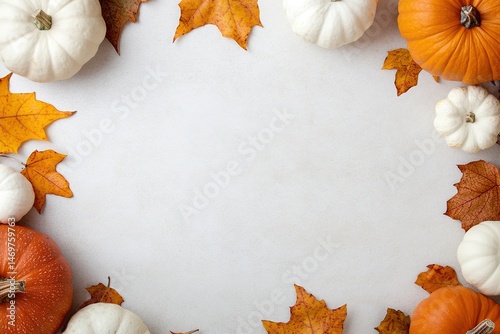 A white background with a frame of orange and white pumpkins and leaves., with ample copy space for text.