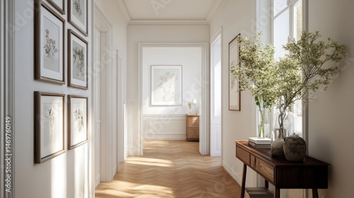 Bright and Airy Interior Hallway with Stylish Decor and Natural Light Streaming Through Windows