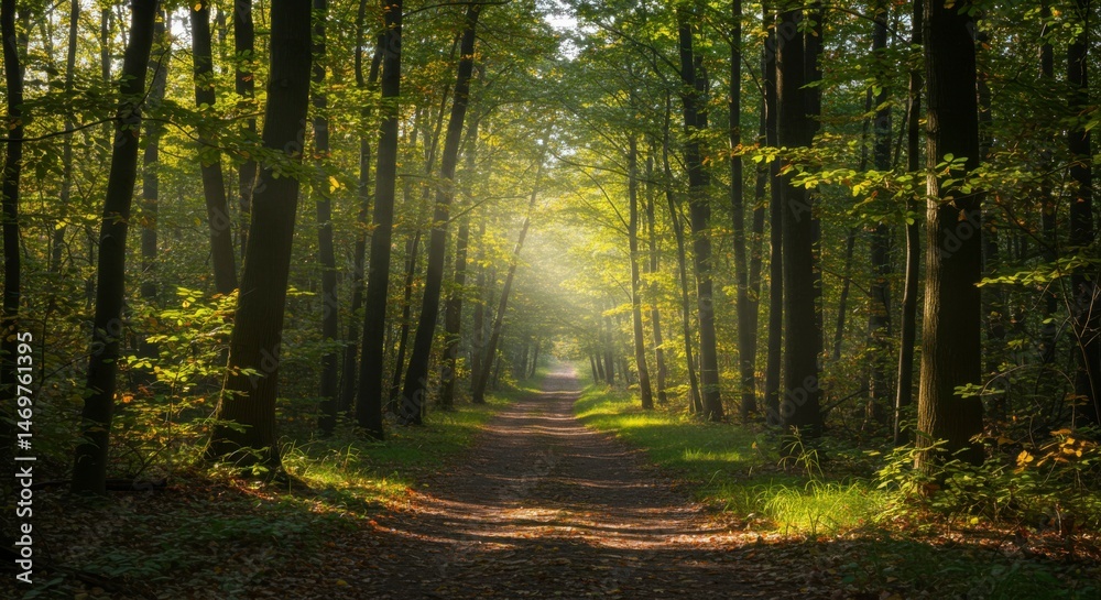 Fototapeta premium Sunlit path through a dense autumn forest