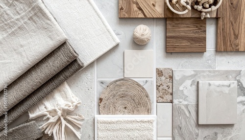 An interior design moodboard incorporating natural materials fabric swatches and componen 