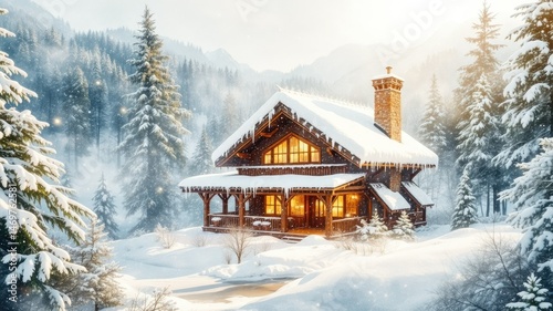 Wallpaper Mural Snowy Winter Cabin Watercolor Illustration - Cozy Scenery Torontodigital.ca