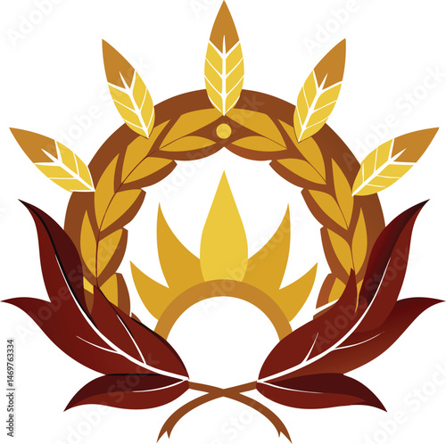 This vector illustration depicts a golden laurel wreath, a classic symbol of award and victory with elegant leaf design
